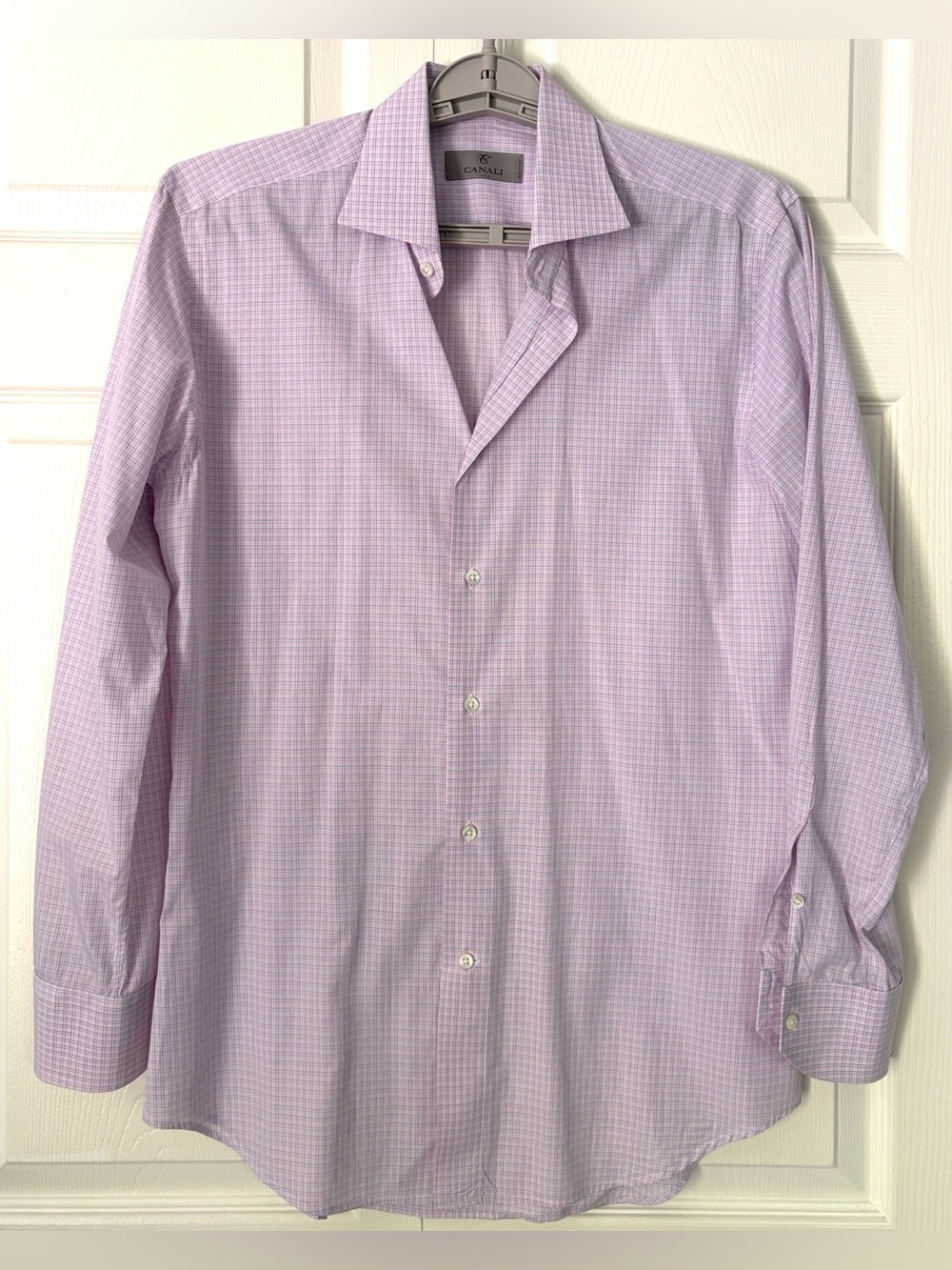 Canali 1934 Dress Shirt Mens 39-15.5 Pink White Blue Micro Check Luxury Italy